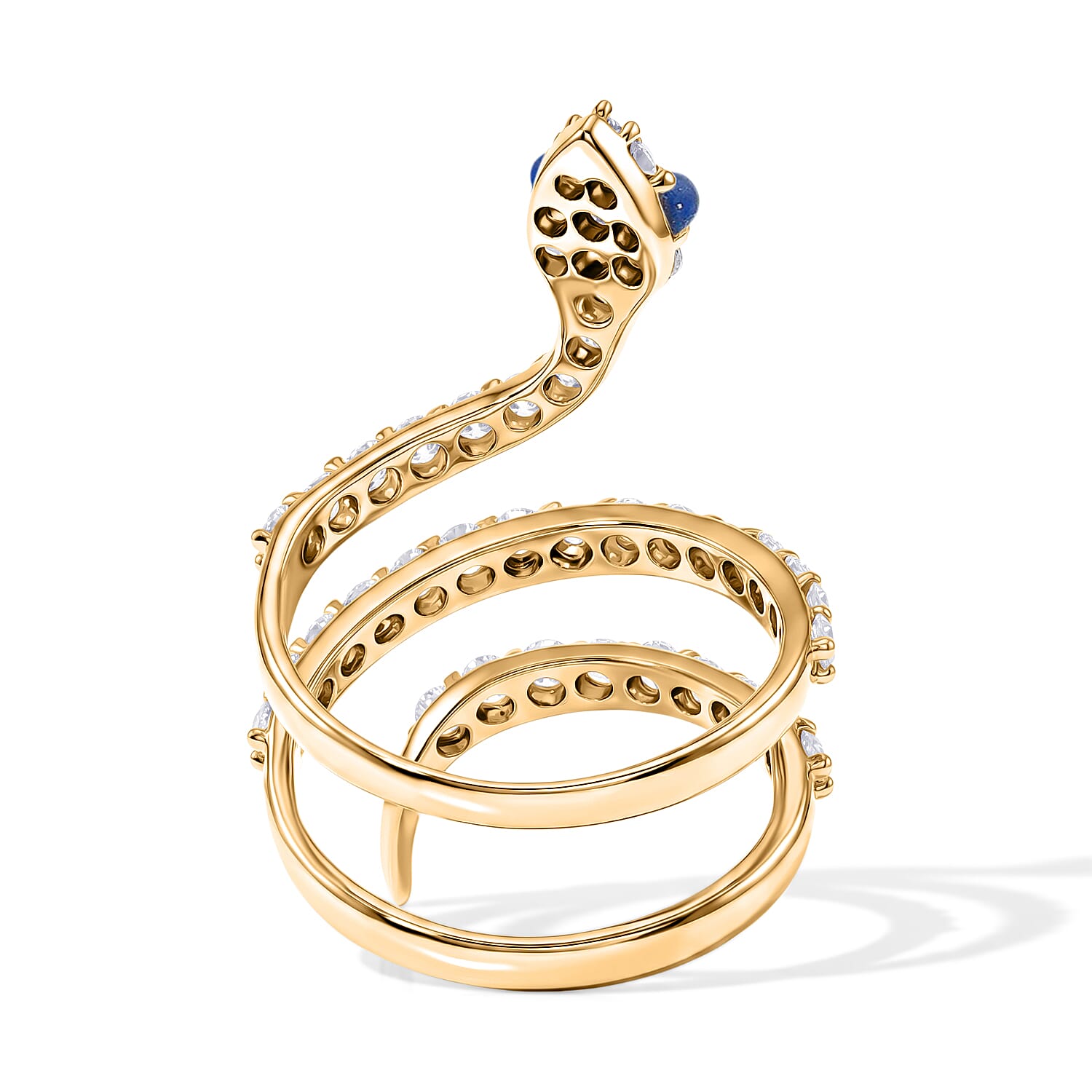 Lapis Lazuli and Simulated Diamond 2.50 ctw Snake Ring in 14K Yellow Gold Over Sterling Silver (Size 8.5)