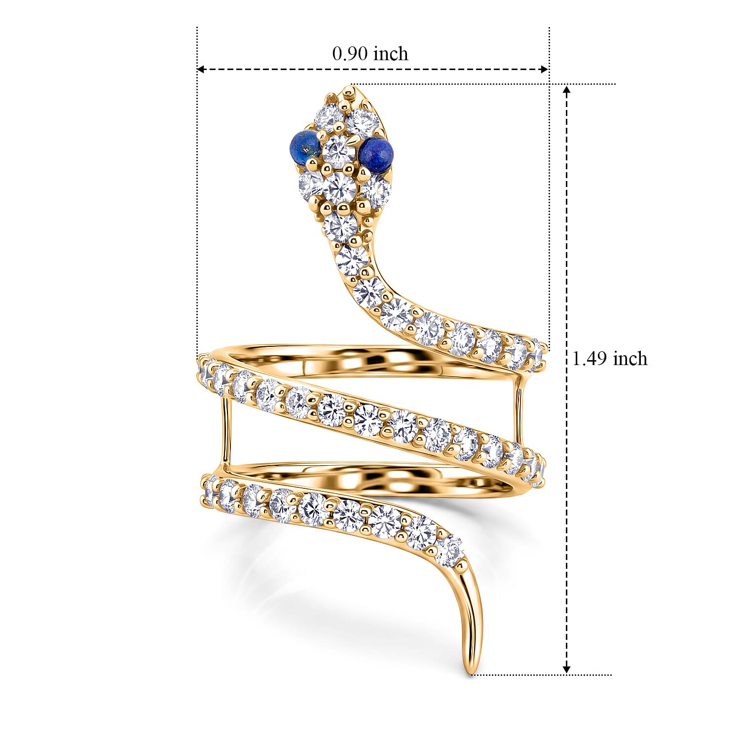Lapis Lazuli and Simulated Diamond 2.50 ctw Snake Ring in 14K Yellow Gold Over Sterling Silver (Size 8.5)