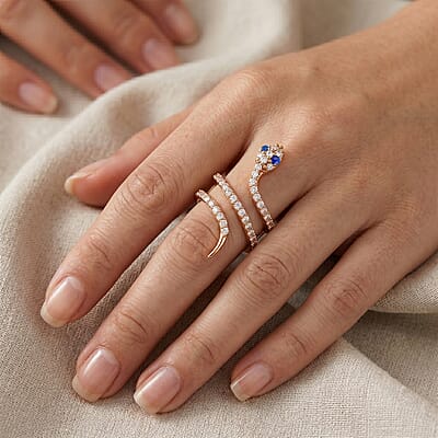 Lapis Lazuli and Simulated Diamond 2.50 ctw Snake Ring in 14K Rose Gold Over Sterling Silver (Size 8.0)