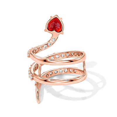 Simulated Red and White Diamond Heart Head Snake Ring in 14K Rose Gold Over Sterling Silver (Size 7.5)