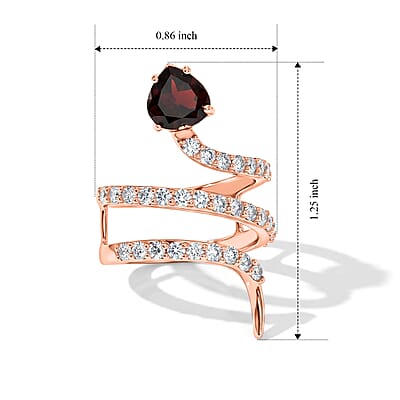 Simulated Red and White Diamond Heart Head Snake Ring in 14K Rose Gold Over Sterling Silver (Size 7.5)
