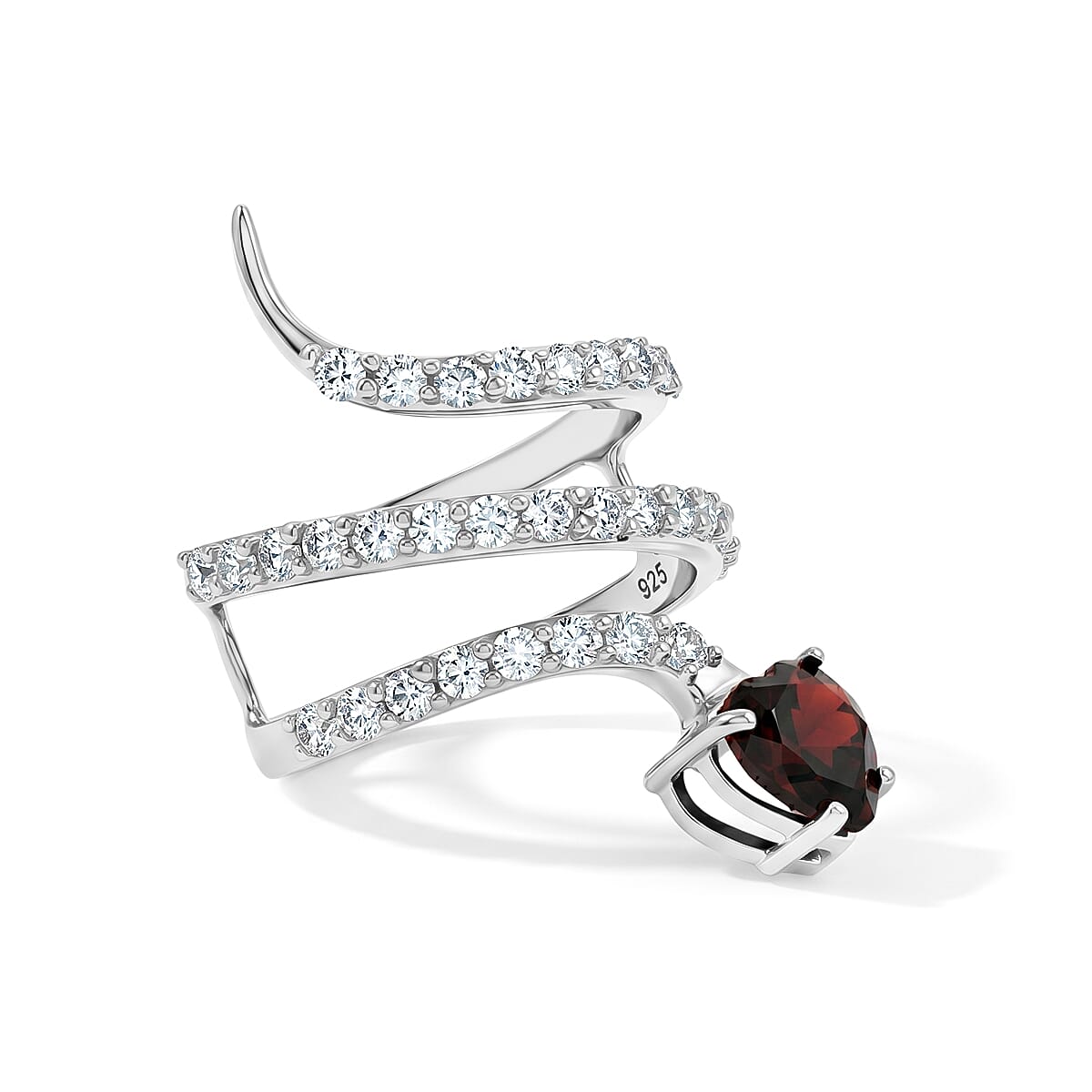 Simulated Red and White Diamond Heart Head Snake Ring in Sterling Silver (Size 10.5)