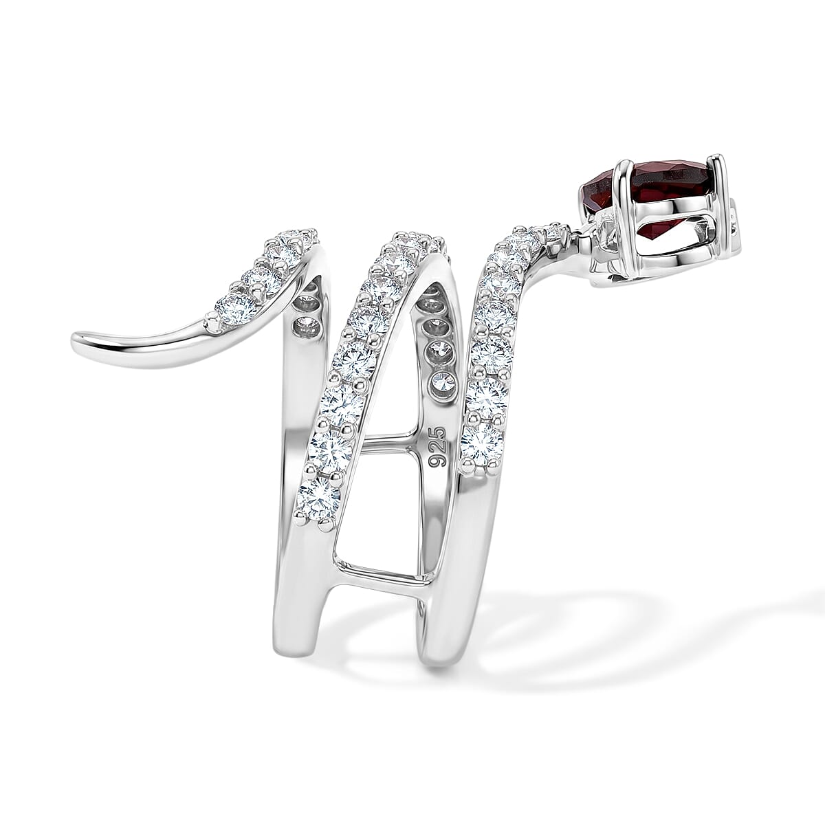 Simulated Red and White Diamond Heart Head Snake Ring in Sterling Silver (Size 10.5) image number 3