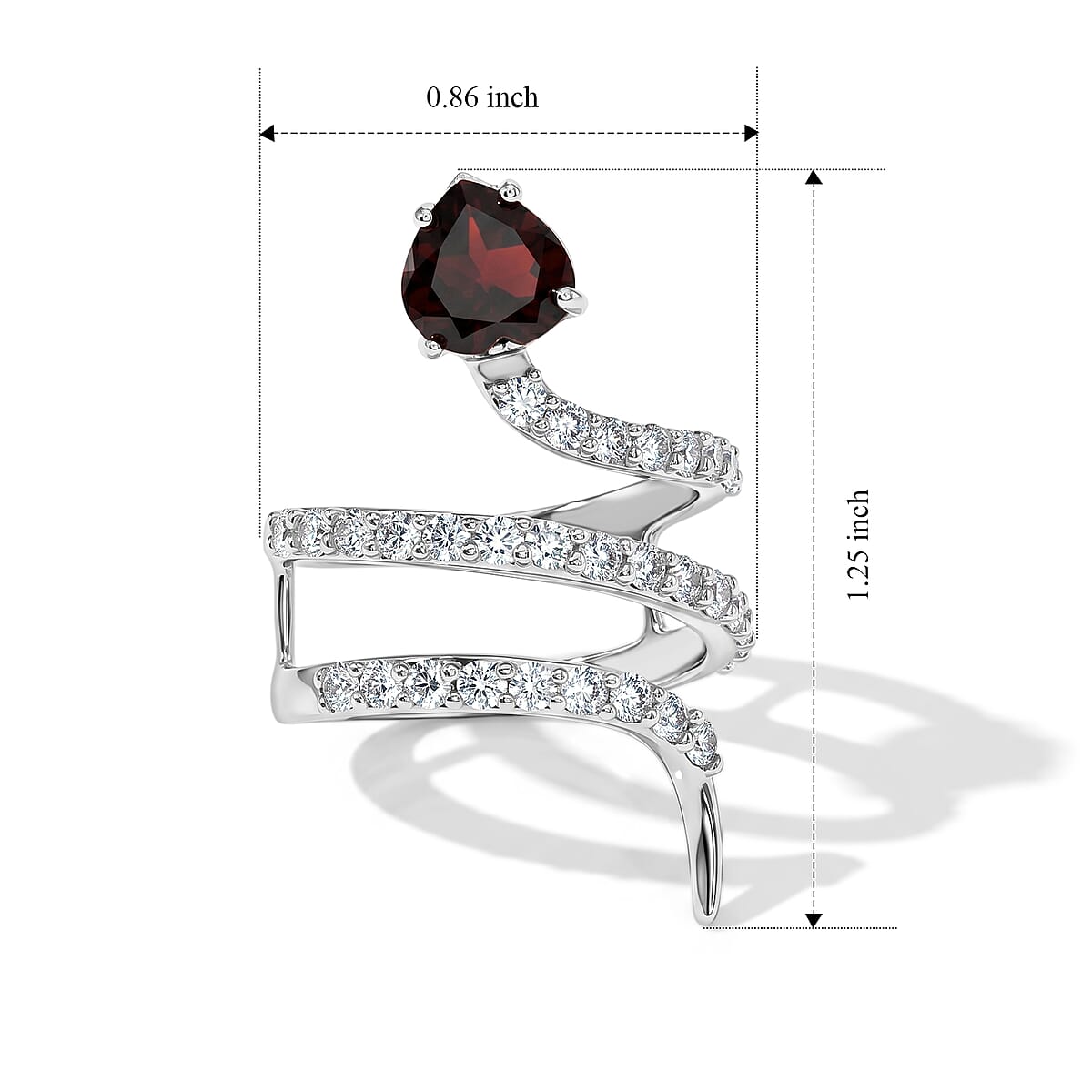 Simulated Red and White Diamond Heart Head Snake Ring in Sterling Silver (Size 10.5) image number 5