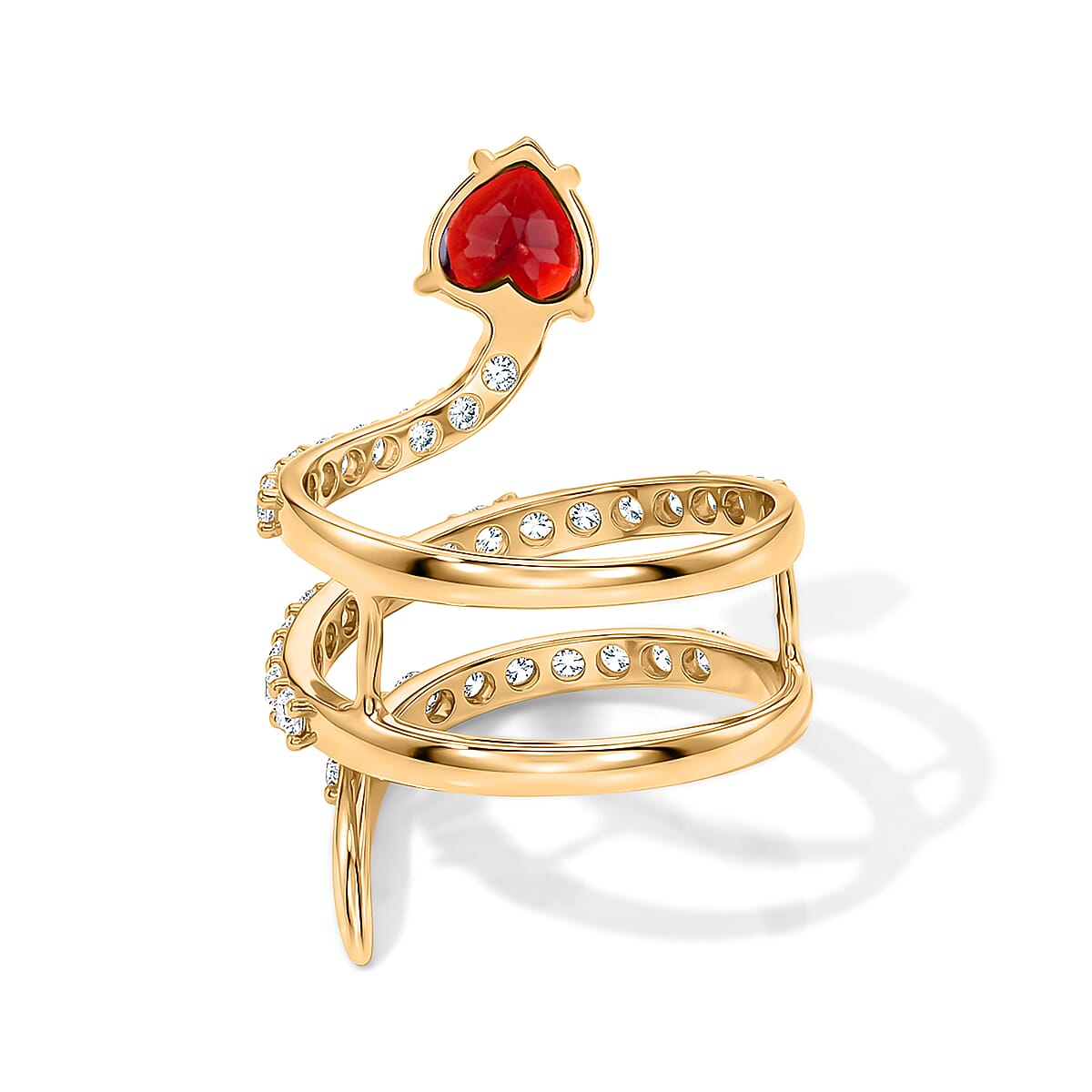 Simulated Red and White Diamond Heart Head Snake Ring in 14K Yellow Gold Over Sterling Silver (Size 10.0) image number 4