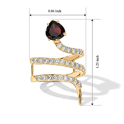 Simulated Red and White Diamond Heart Head Snake Ring in 14K Yellow Gold Over Sterling Silver (Size 6.0)