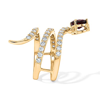 Simulated Red and White Diamond Heart Head Snake Ring in 14K Yellow Gold Over Sterling Silver (Size 8.0)