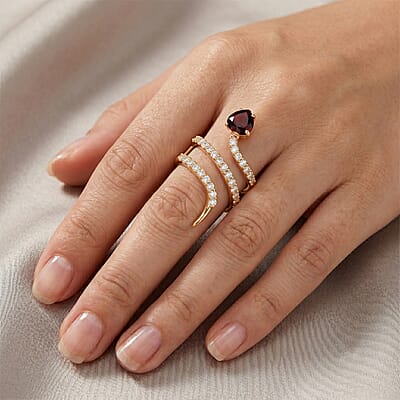 Simulated Red and White Diamond Heart Head Snake Ring in 14K Yellow Gold Over Sterling Silver (Size 9.0)
