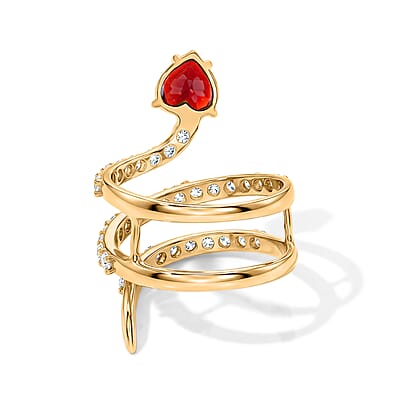 Simulated Red and White Diamond Heart Head Snake Ring in 14K Yellow Gold Over Sterling Silver (Size 9.0)
