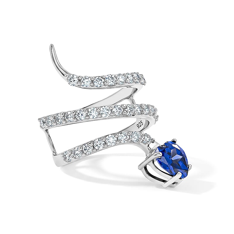 Simulated Blue and White Diamond Heart Head Snake Ring in Sterling Silver (Size 7.0)