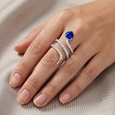 Simulated Blue and White Diamond Heart Head Snake Ring in Sterling Silver (Size 7.0)