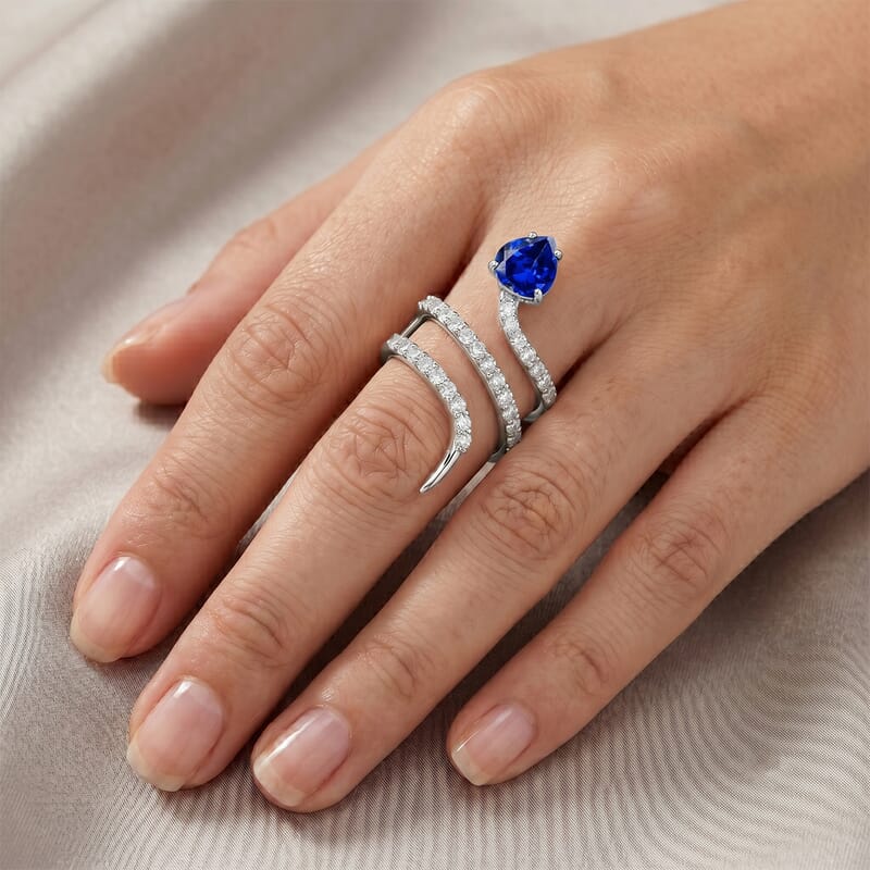 Simulated Blue and White Diamond Heart Head Snake Ring in Sterling Silver (Size 7.0)