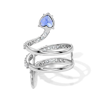 Simulated Blue and White Diamond Heart Head Snake Ring in Sterling Silver (Size 7.0)
