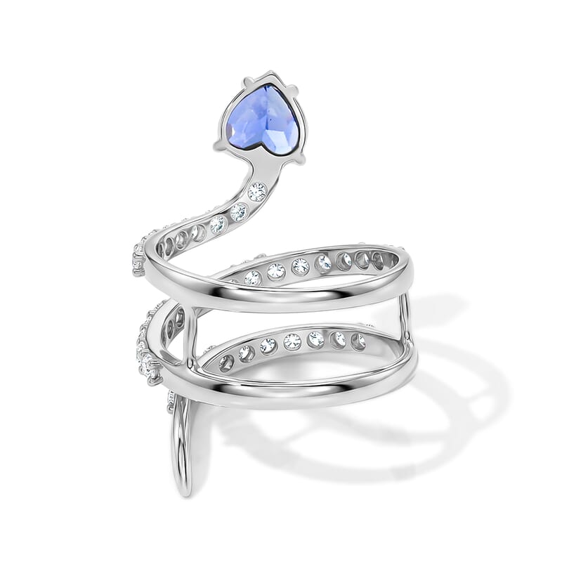Simulated Blue and White Diamond Heart Head Snake Ring in Sterling Silver (Size 7.0)