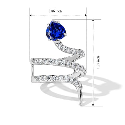 Simulated Blue and White Diamond Heart Head Snake Ring in Sterling Silver (Size 7.0)