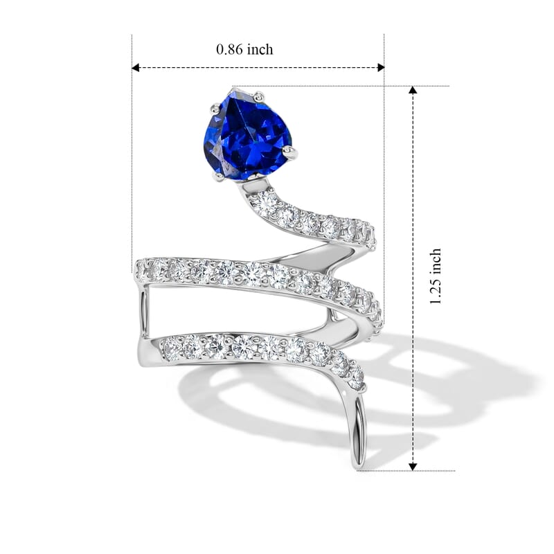 Simulated Blue and White Diamond Heart Head Snake Ring in Sterling Silver (Size 7.0)