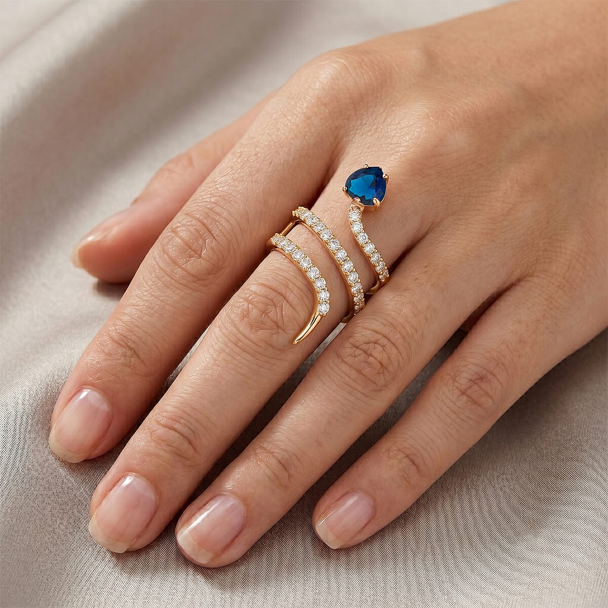 Simulated Blue and White Diamond Heart Head Snake Ring in 14K Yellow Gold Over Sterling Silver (Size 6.5) image number 1