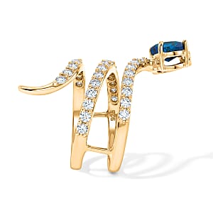 Simulated Blue and White Diamond Heart Head Snake Ring in 14K Yellow Gold Over Sterling Silver (Size 6.5)