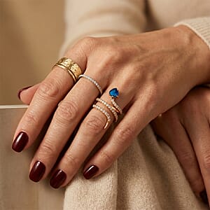Simulated Blue and White Diamond Heart Head Snake Ring in 14K Yellow Gold Over Sterling Silver (Size 8.5)