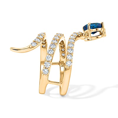 Simulated Blue and White Diamond Heart Head Snake Ring in 14K Yellow Gold Over Sterling Silver (Size 8.5)
