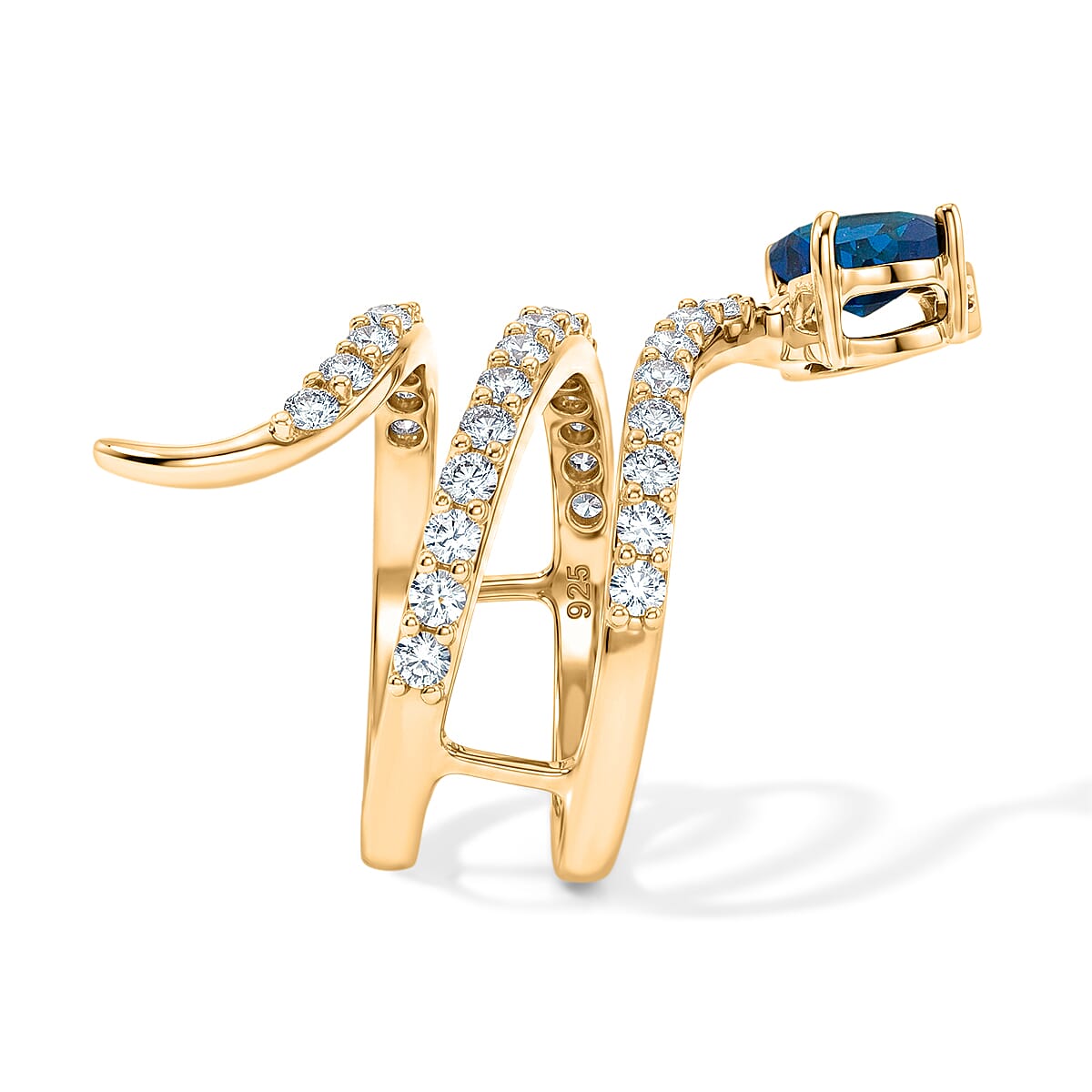 Simulated Blue and White Diamond Heart Head Snake Ring in 14K Yellow Gold Over Sterling Silver (Size 9.0) image number 3