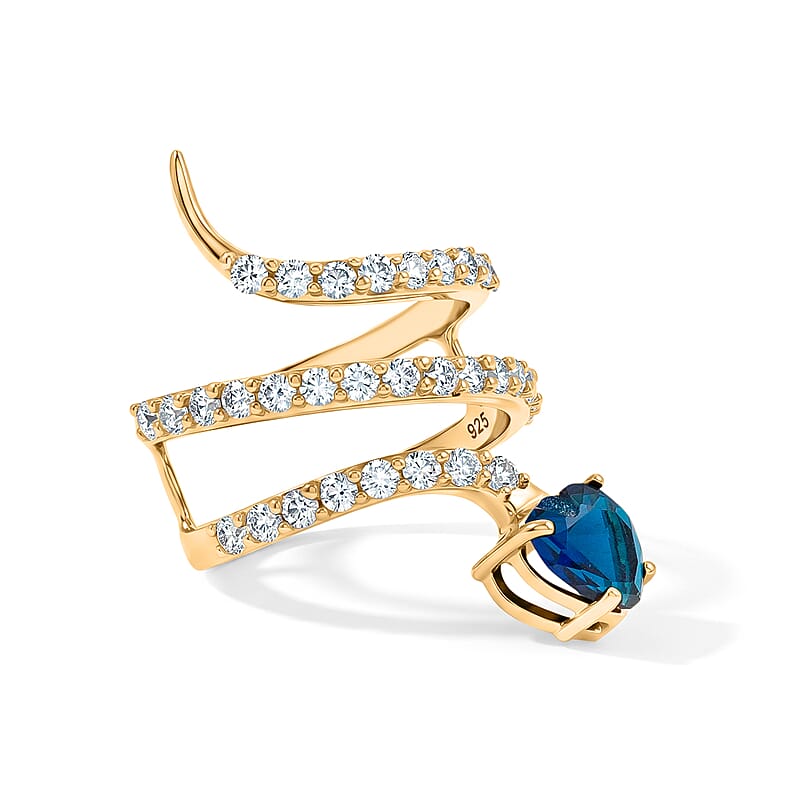 Simulated Blue and White Diamond Heart Head Snake Ring in 14K Yellow Gold Over Sterling Silver (Size 10.5)