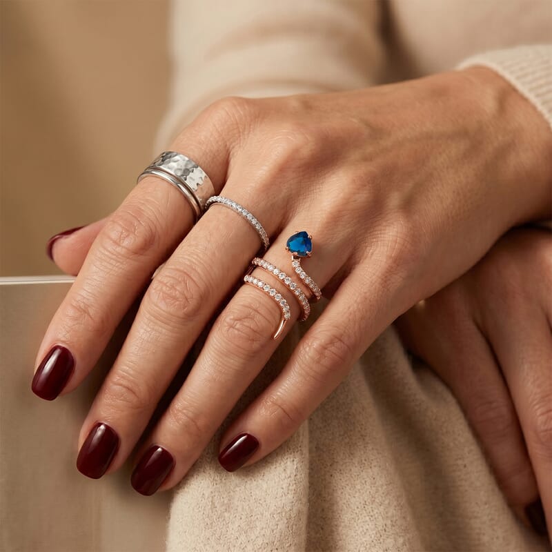 Simulated Blue and White Diamond Heart Head Snake Ring in 14K Rose Gold Over Sterling Silver (Size 7.5)