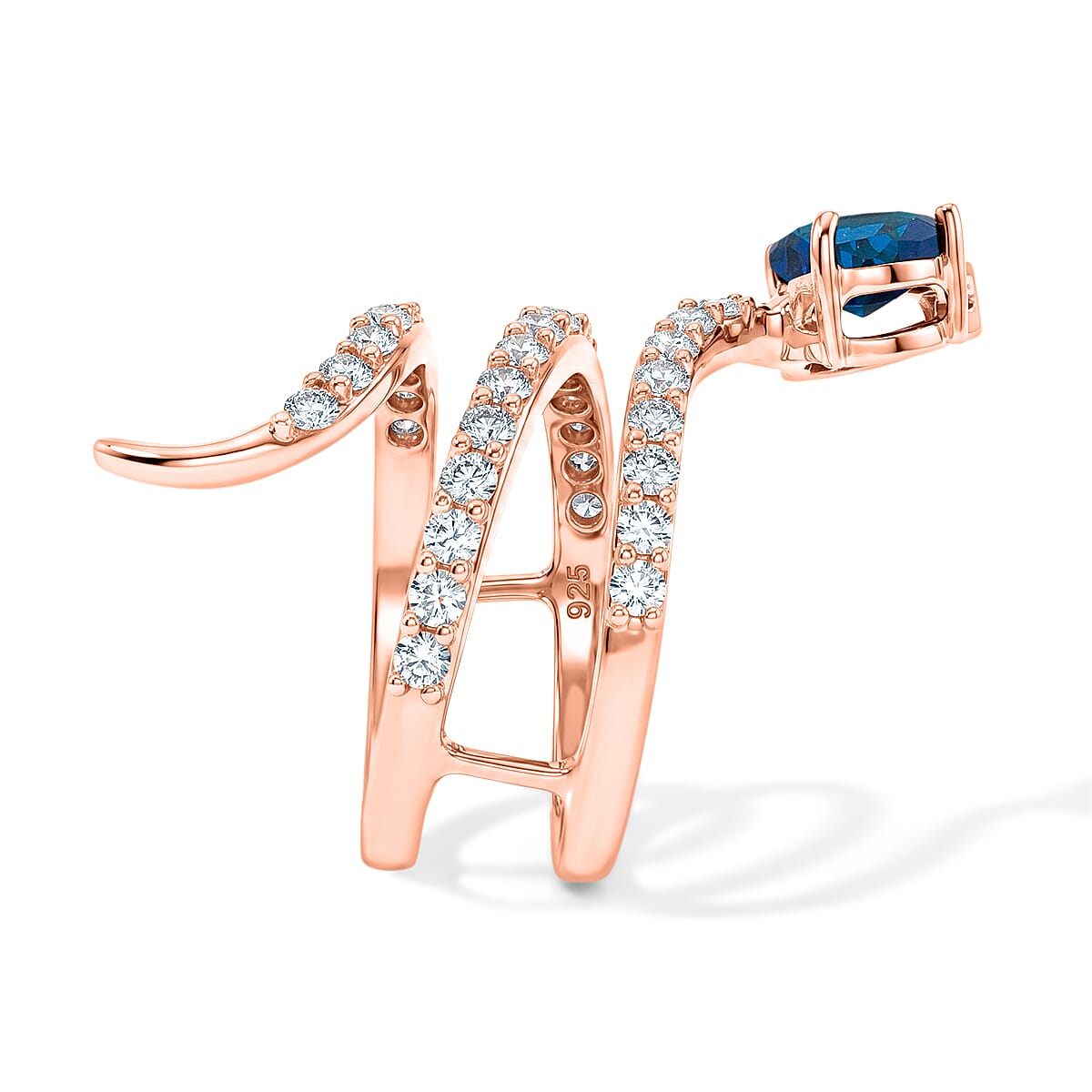 Simulated Blue and White Diamond Heart Head Snake Ring in 14K Rose Gold Over Sterling Silver (Size 7.5) image number 3