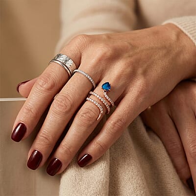 Simulated Blue and White Diamond Heart Head Snake Ring in 14K Rose Gold Over Sterling Silver (Size 9.0)