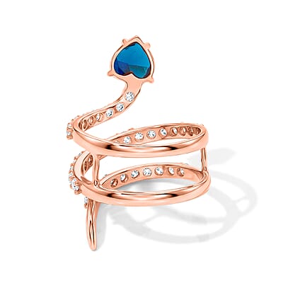 Simulated Blue and White Diamond Heart Head Snake Ring in 14K Rose Gold Over Sterling Silver (Size 9.0)