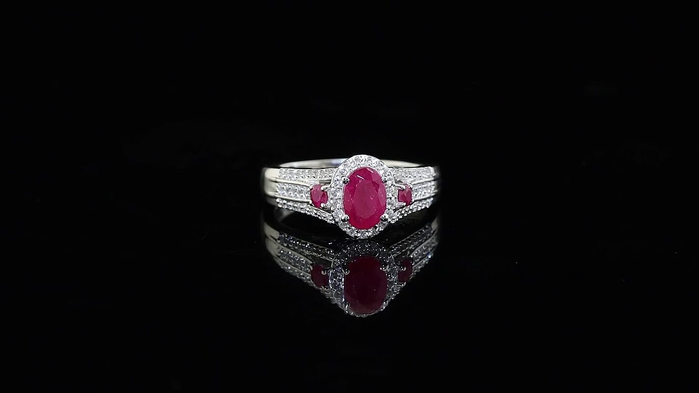 D'Joy Premium Montepuez Ruby, White Zircon Royal Heirloom Ring in Rhodium Over Sterling Silver (Size 10.0) 1.85 ctw