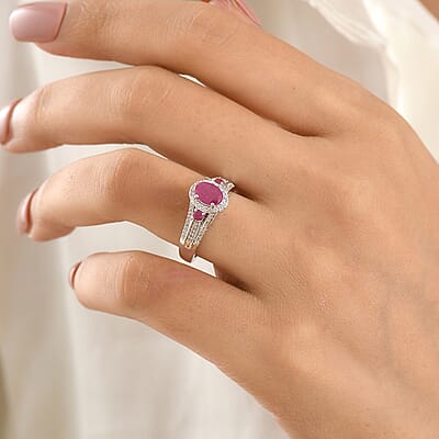 D'Joy Premium Montepuez Ruby and White Zircon 1.85 ctw Royal Heirloom Ring in Rhodium Over Sterling Silver (Size 5.0)