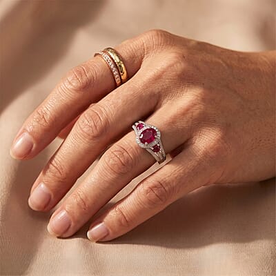 D'Joy Premium Montepuez Ruby and White Zircon 1.85 ctw Royal Heirloom Ring in Rhodium Over Sterling Silver (Size 5.0)