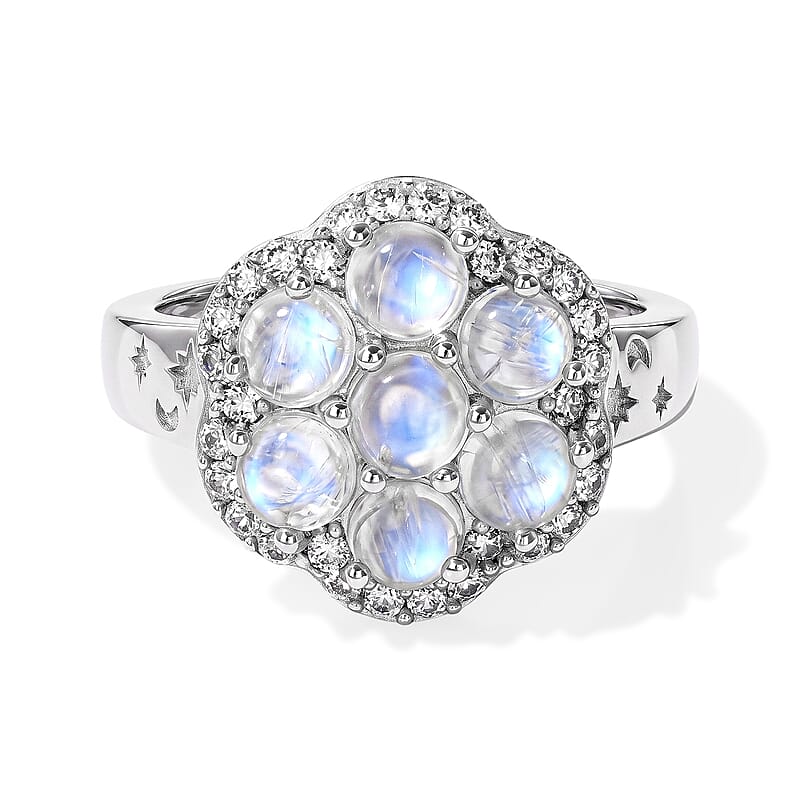 EverTrue Rainbow Moonstone and White Zircon 2.85 ctw Floral Ring in Platinum Bond (Size 5.0)
