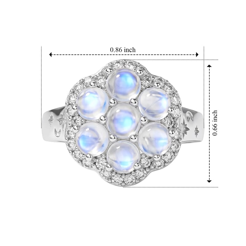 EverTrue Rainbow Moonstone and White Zircon 2.85 ctw Floral Moonburst Ring in Platinum Bond (Size 5.0)