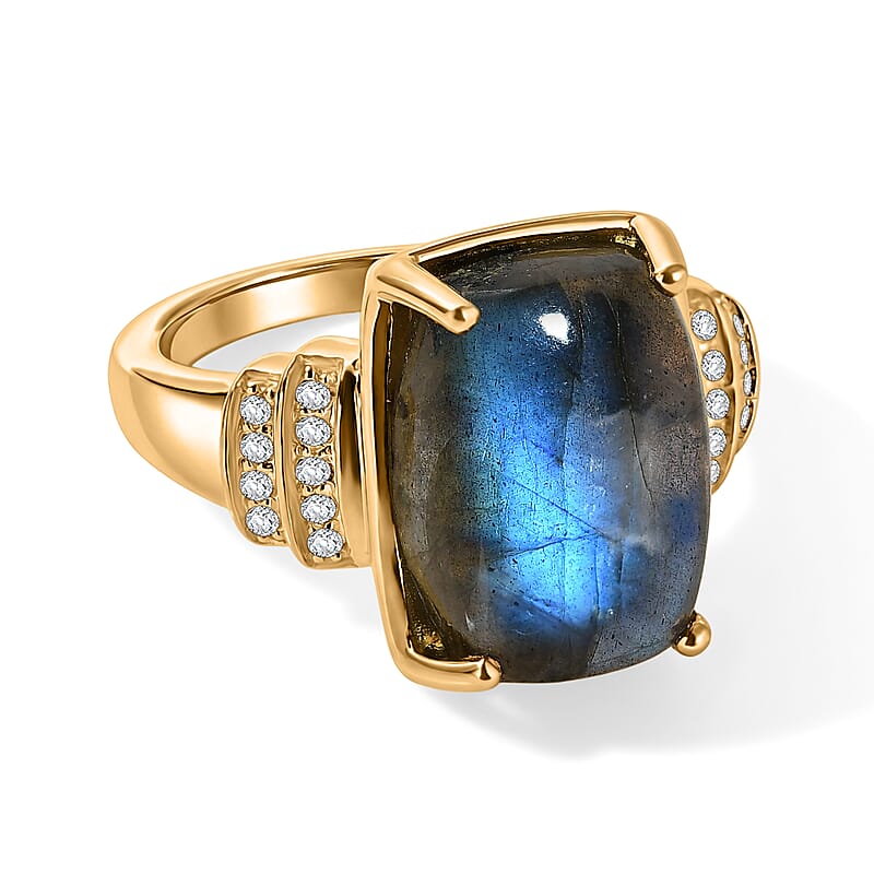 EverTrue Malagasy Labradorite and White Zircon 8.50 ctw Moonfire Majesty Ring in 18K Yellow Gold Plated (Size 6.0)
