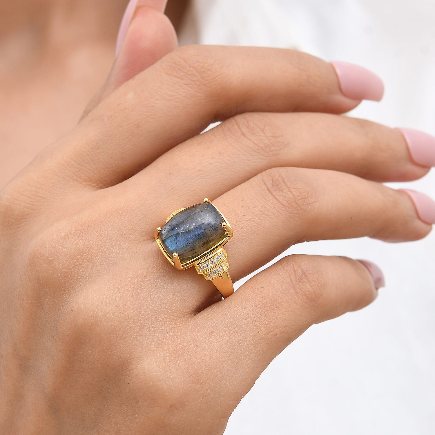 EverTrue Malagasy Labradorite and White Zircon 8.50 ctw Moonfire Majesty Ring in 18K Yellow Gold Plated (Size 6.0)