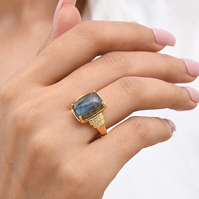 EverTrue Malagasy Labradorite and White Zircon 8.50 ctw Moonfire Majesty Ring in 18K Yellow Gold Plated (Size 6.0)
