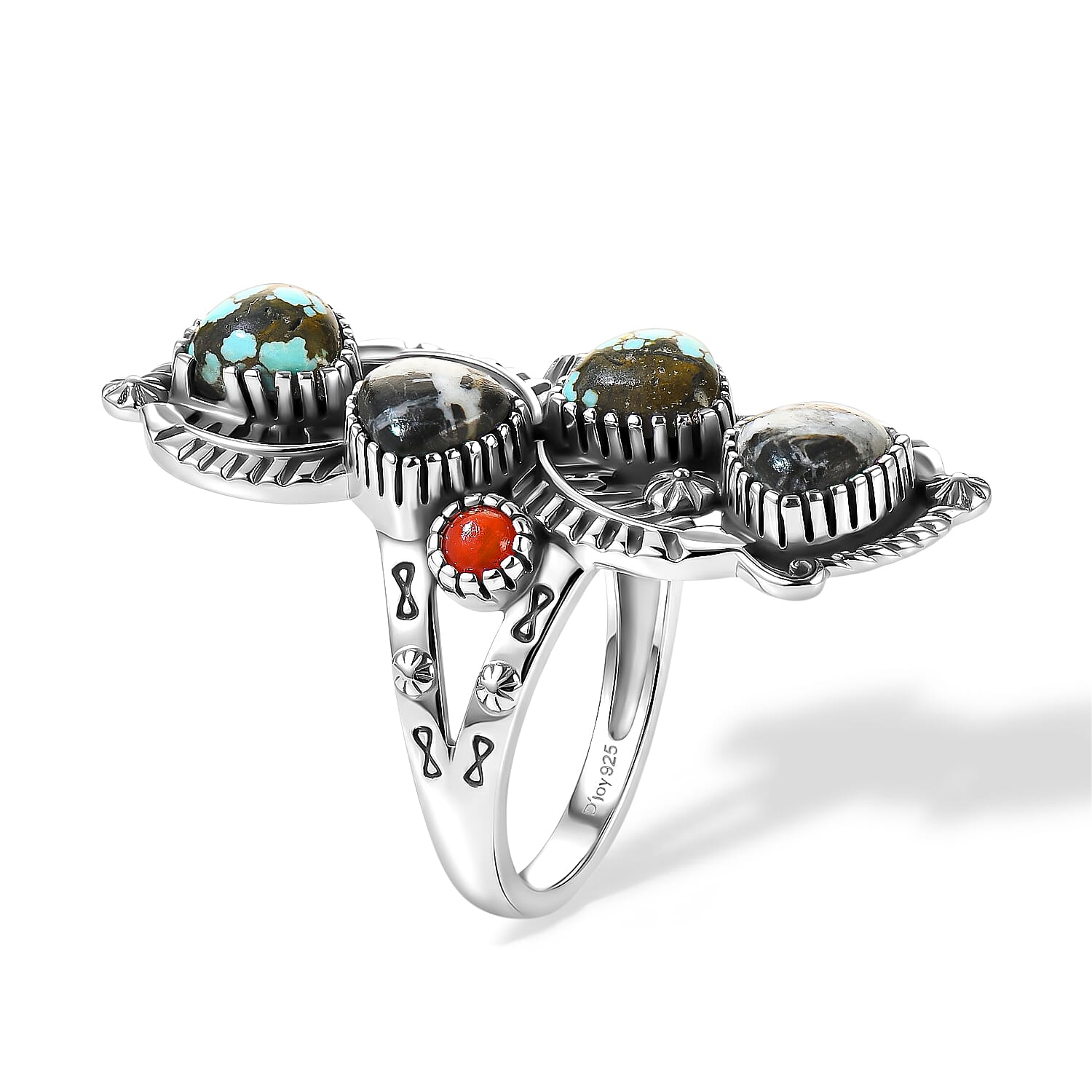 D'Joy Artisan Crafted Premium Spiderweb Turquoise, White Buffalo 3.85 ctw and Coral Ring in Sterling Silver (Size 6.0)