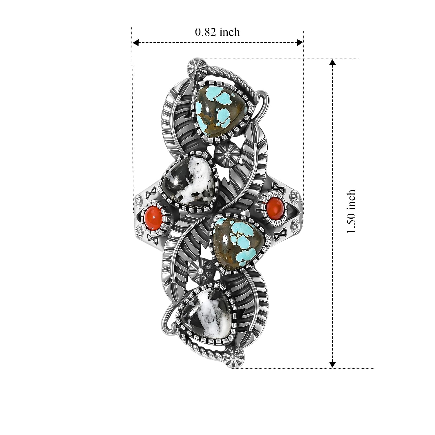 D'Joy Artisan Crafted Premium Spiderweb Turquoise, White Buffalo and Coral 3.40 ctw Ring in Sterling Silver (Size 7.0)