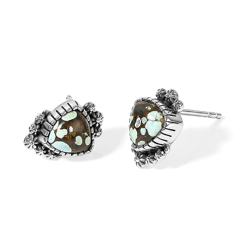D'Joy Artisan Crafted Premium Spiderweb Turquoise 1.80 ctw Stud Earrings in Sterling Silver