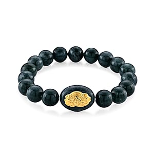 24K Yellow Gold Pixiu Charm Natural Olmec Jadeite 130.00 ctw Beaded Stretch Bracelet