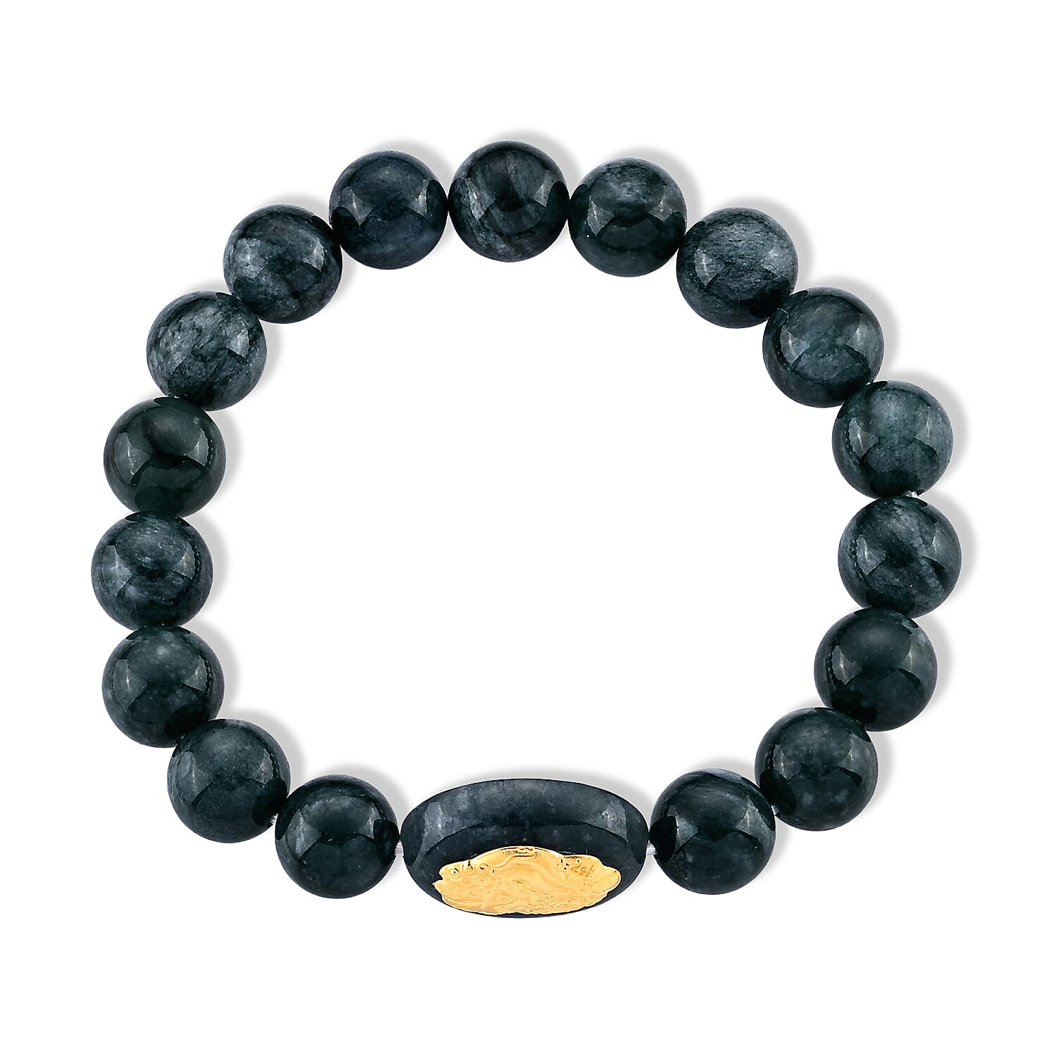 24K Yellow Gold Pixiu Charm Natural Olmec Jadeite 130.00 ctw Beaded Stretch Bracelet