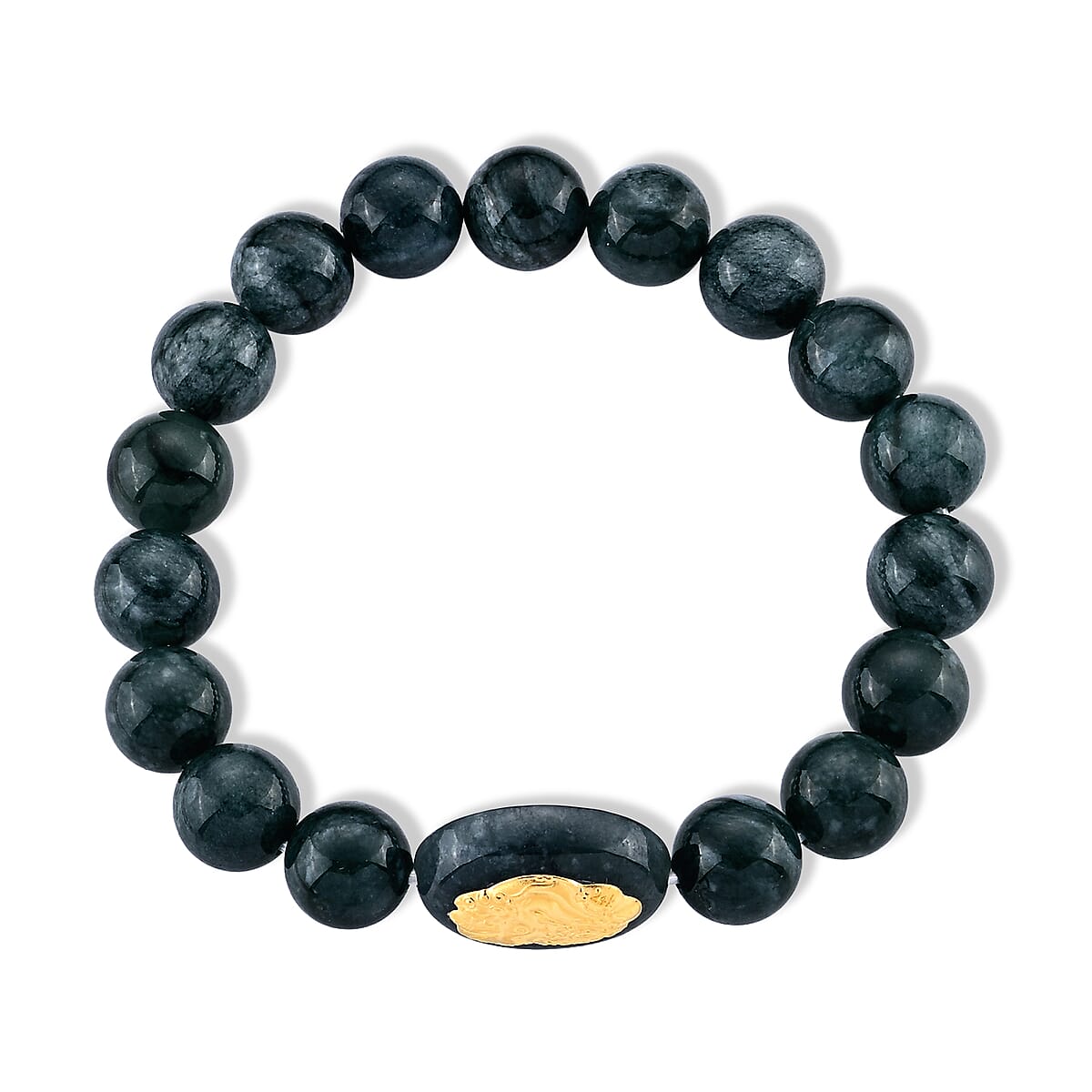 24K Yellow Gold Pixiu Charm Natural Olmec Jadeite 130.00 ctw Beaded Stretch Bracelet image number 3