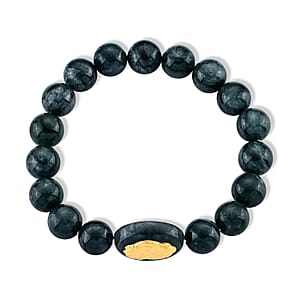 24K Yellow Gold Pixiu Charm Natural Olmec Jadeite 130.00 ctw Beaded Stretch Bracelet