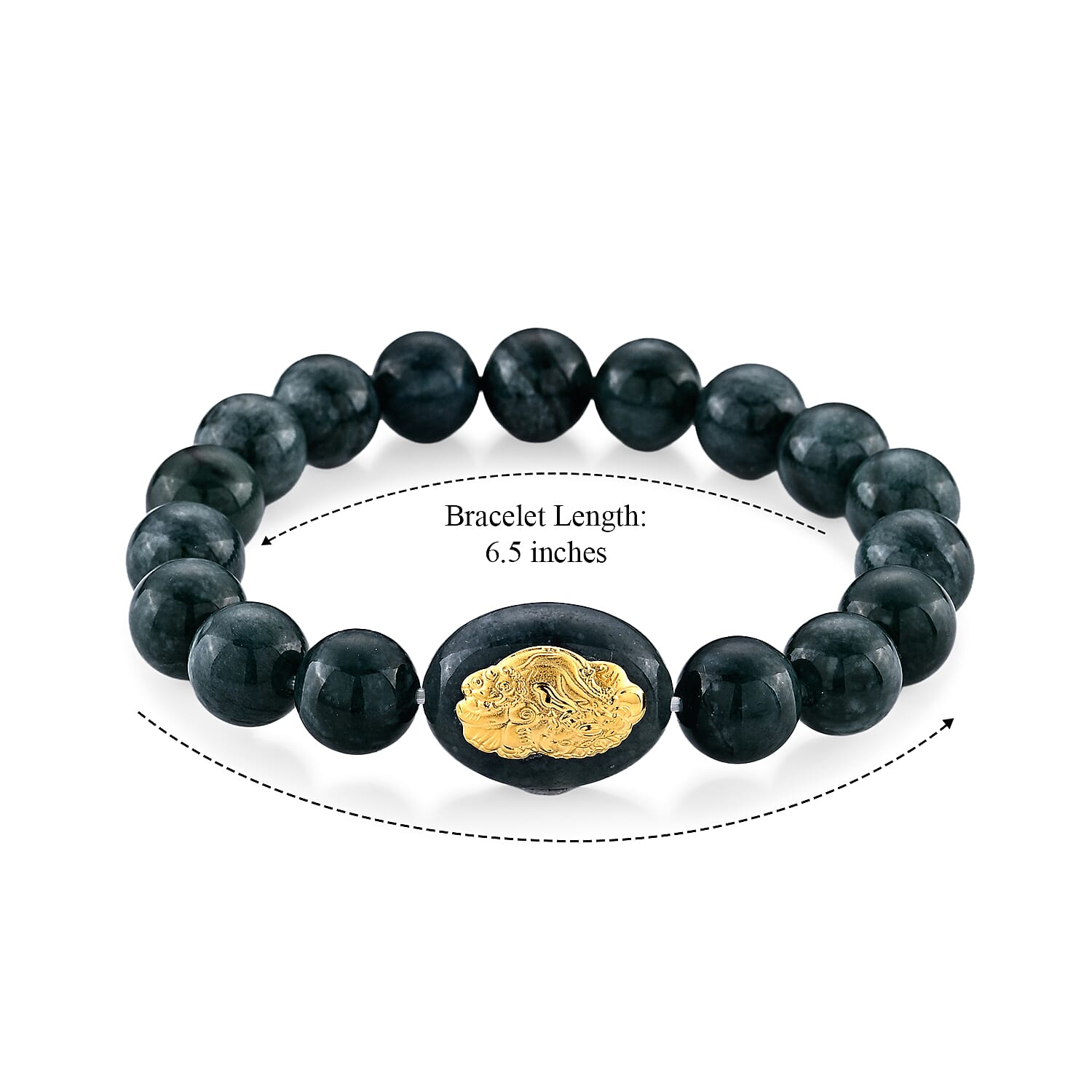 24K Yellow Gold Pixiu Charm Natural Olmec Jadeite 130.00 ctw Beaded Stretch Bracelet