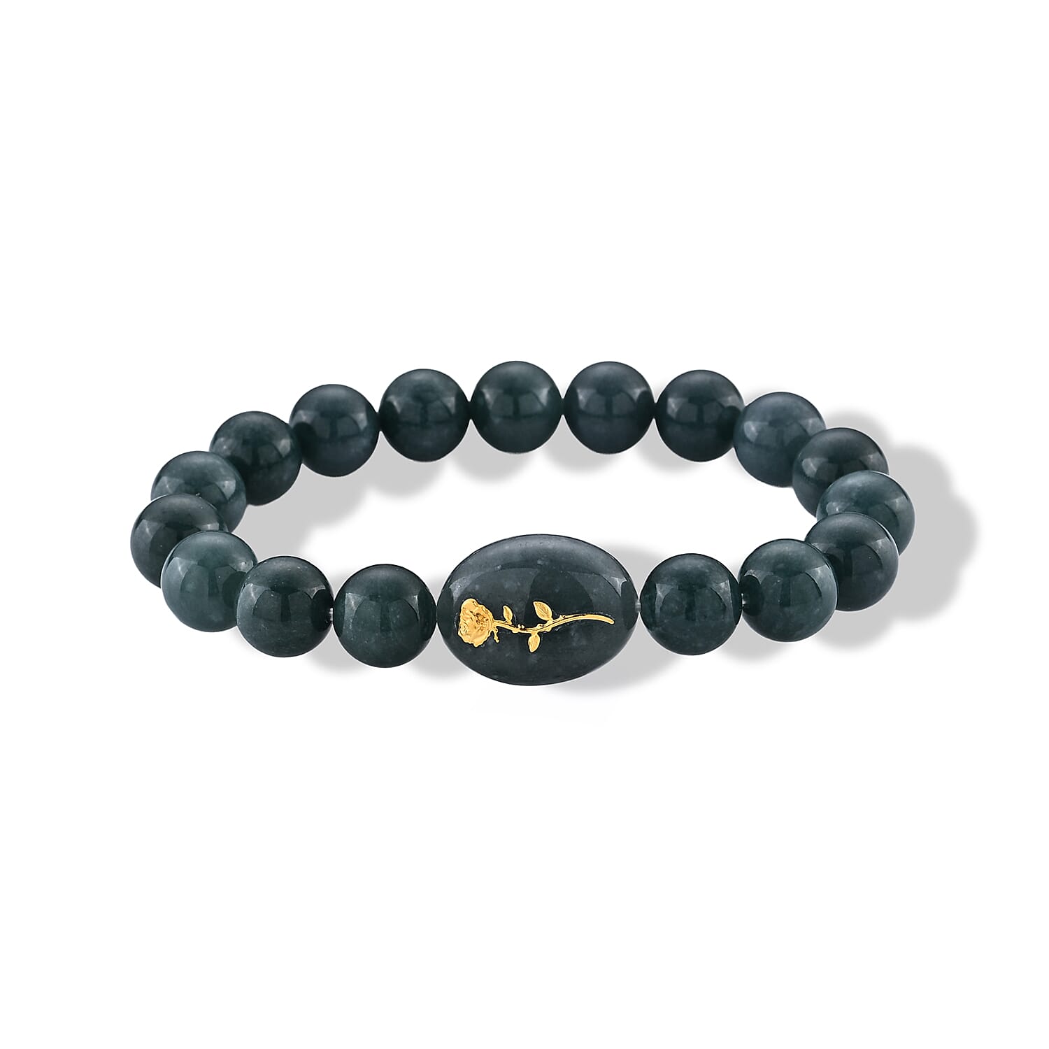 24K Yellow Gold Forever Rose Charm Natural Olmec Jadeite 130.00 ctw Beaded Stretch Bracelet