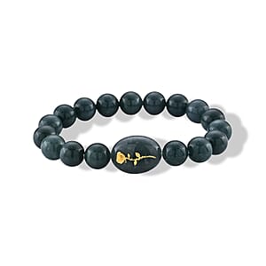 24K Yellow Gold Rose Charm Natural Olmec Jadeite 130.00 ctw Beaded Stretch Bracelet