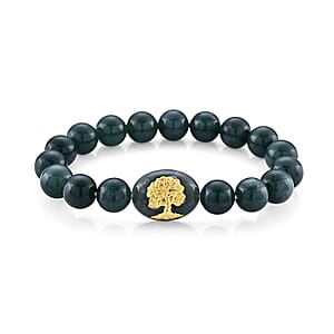24K Yellow Gold Tree of Life Charm Natural Olmec Jadeite 130.00 ctw Beaded Stretch Bracelet