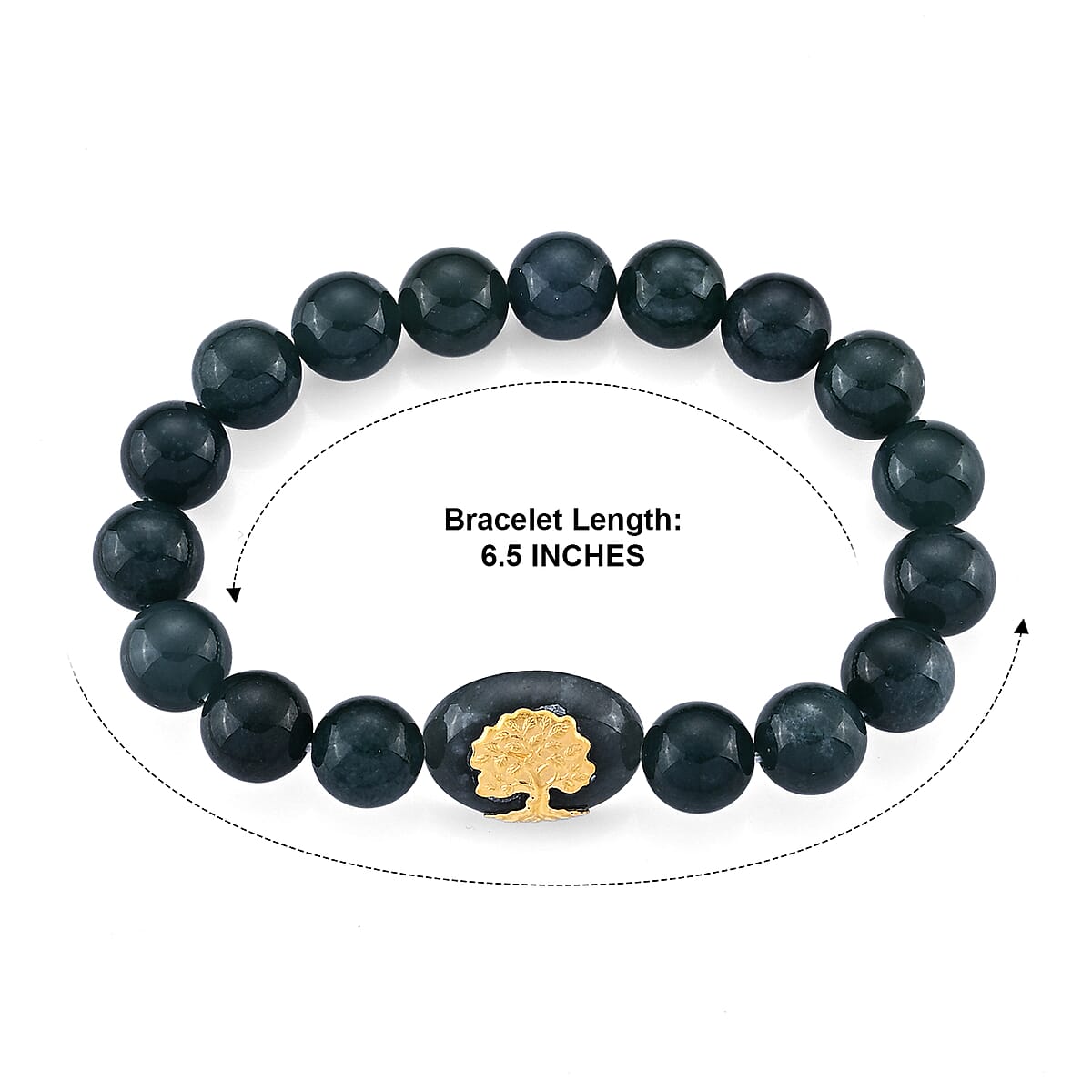 24K Yellow Gold Tree of Life Charm Natural Olmec Jadeite 130.00 ctw Beaded Stretch Bracelet image number 3